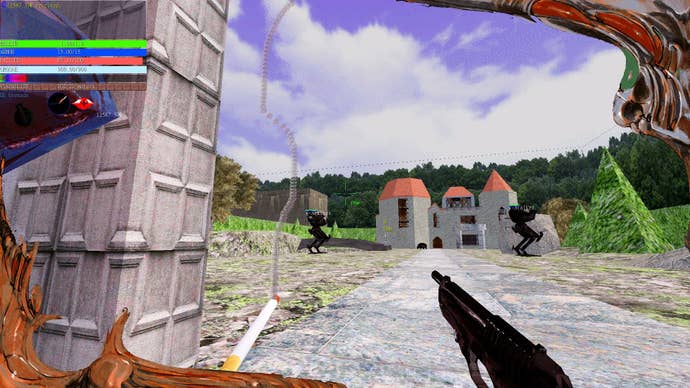 A nice mansion is guarded by two large mechs, and the player looks on while smoking a cigarette.