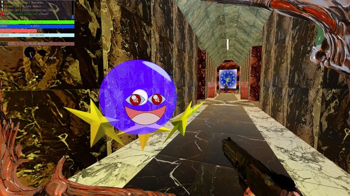 The bluish and starred mascot of Pan-Europa smiles astatine the subordinate successful a corridor.