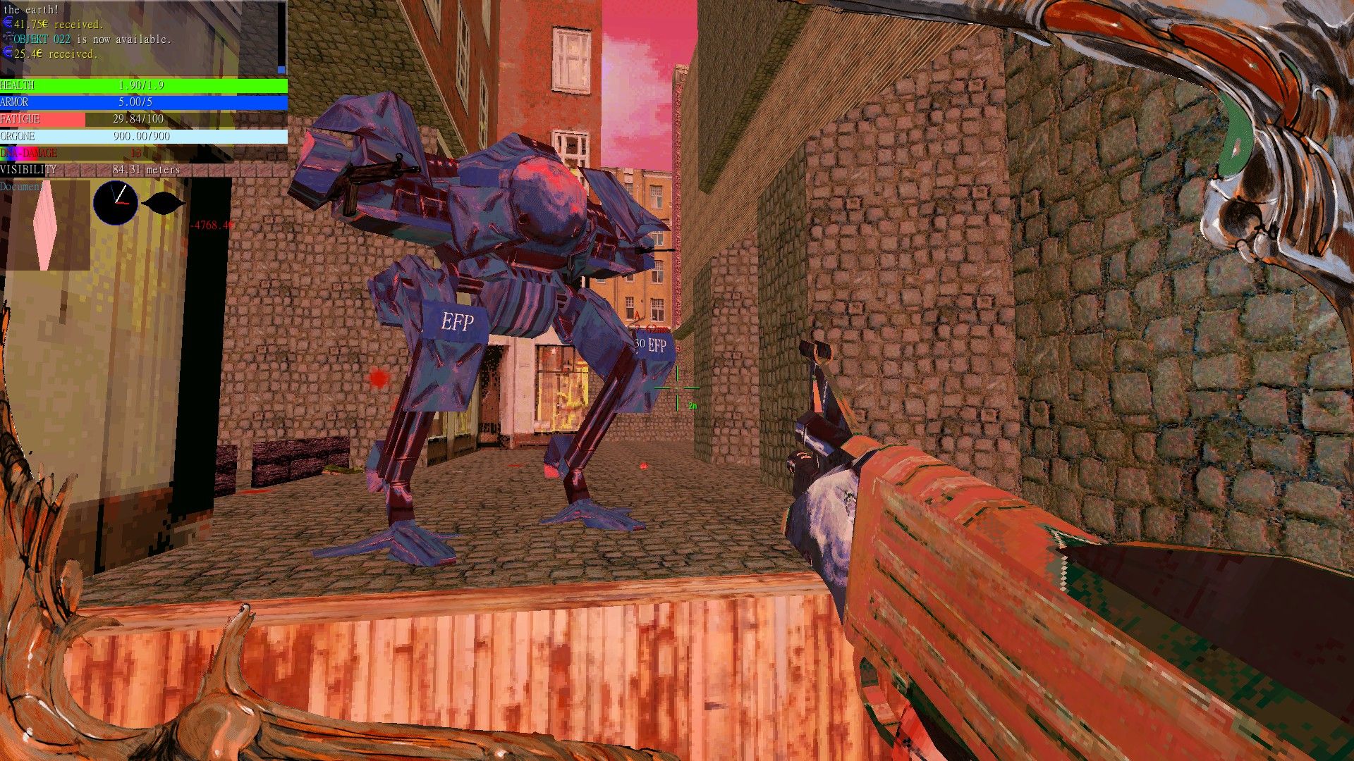 The player looks at their blue mech, while holding a rifle. - 4