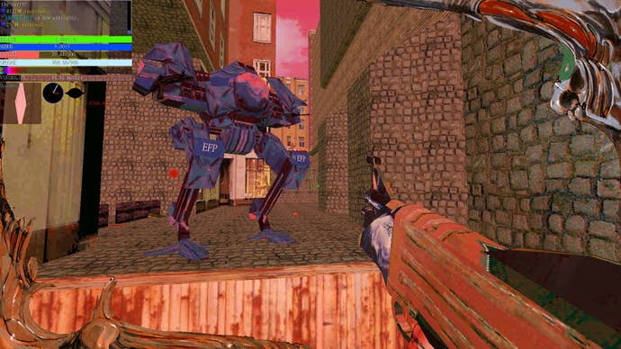 The player looks at their blue mech, while holding a rifle.
