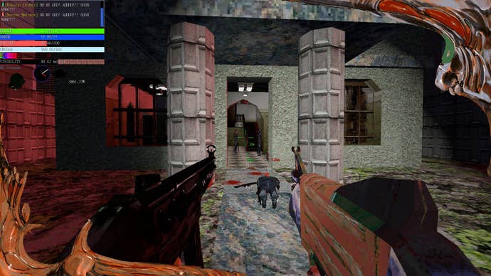 The player dual wields machine guns as they blast into a guarded compound.