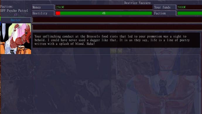 A player is told through a dialogue box that they did an excellent job with a dagger at the “Brussels riots”.