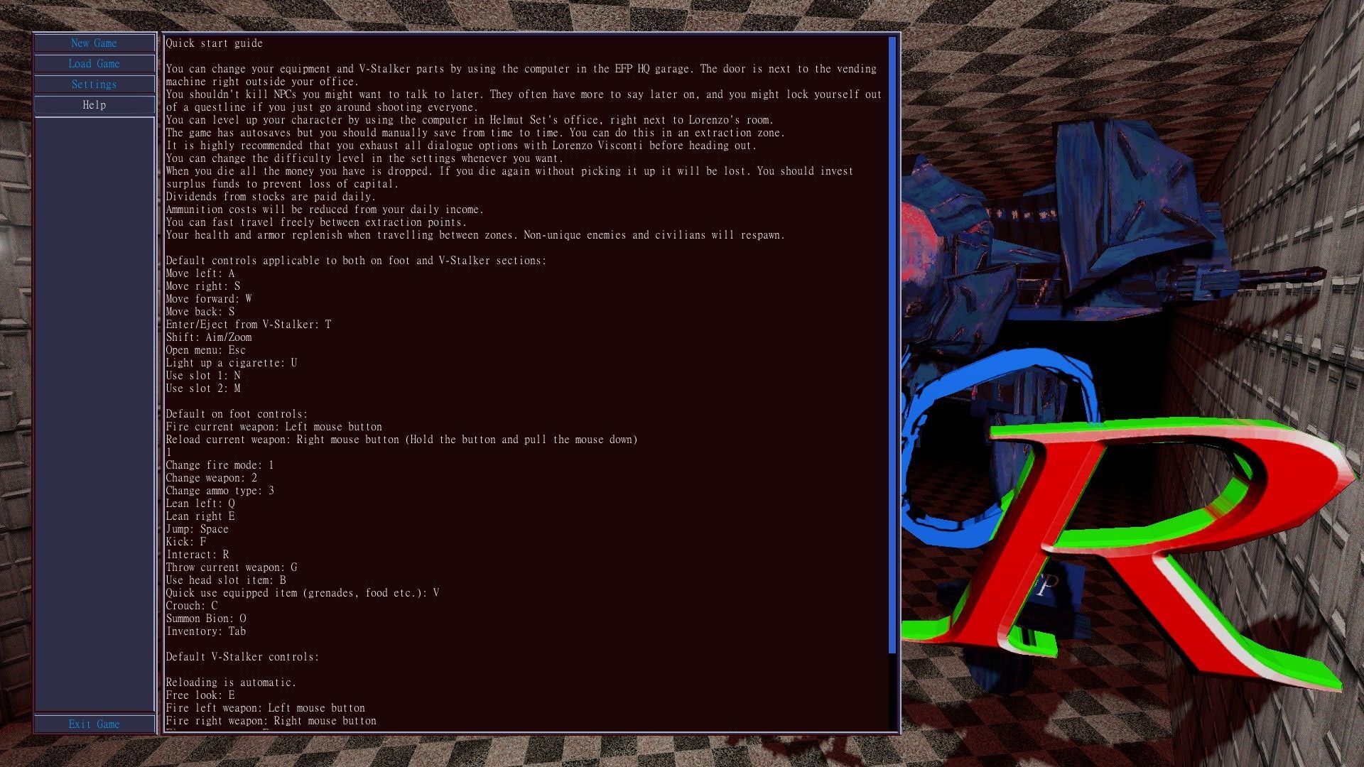 The help screen shows many controls and hints for the game. - 7