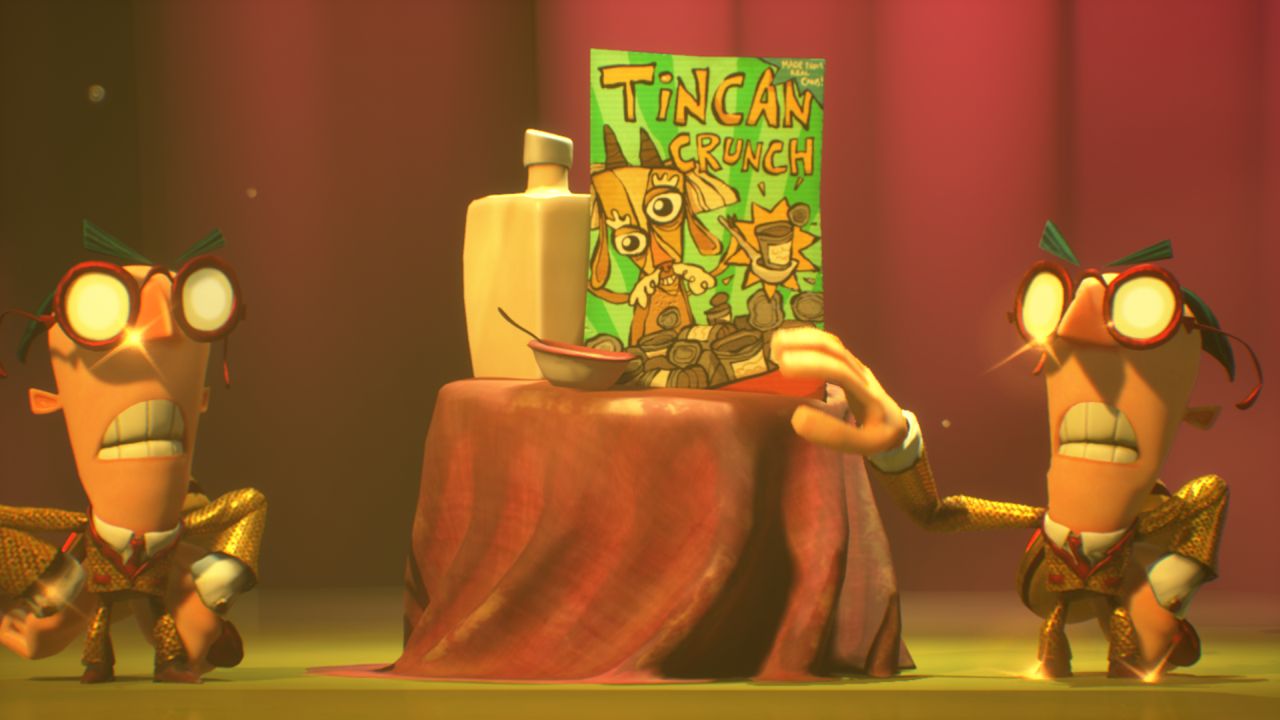 Two of the Censor enemies in Psychonauts 2 appearing as if they're assistants on a game show (in glittery gold suits) showing off a fake cereal called Tincan Crunch - 1
