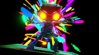 Raz from Psychonauts 2 getting a new skill in a dark environment, with bright colours shooting out from behind him.