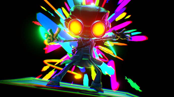 Raz from Psychonauts 2 getting a new skill in a dark environment, with bright colours shooting out from behind him.