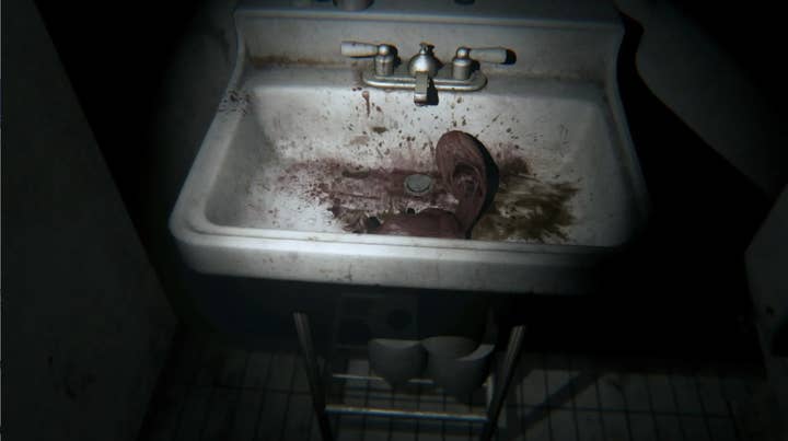 A picture of a darkened bathroom with a flashlight-like light source shining on a sink with a bloody mess in it and a fleshy lump of some kind.