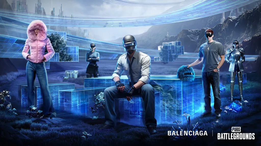 PUBG's Balenciaga collaboration official image, showing the PUBG guy in shirt, tie and helmet sat in the foreground, a blue techno-swirl, and people in Balenciaga clothes such as a pink jacket and a suit of armour in the background