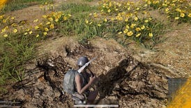 A character wielding a pickaxe digs a hole in PUBG: Battlegrounds.