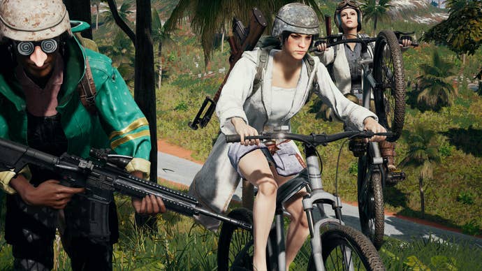 Bicycle antics in a PUBG: Battlegrounds screenshot.