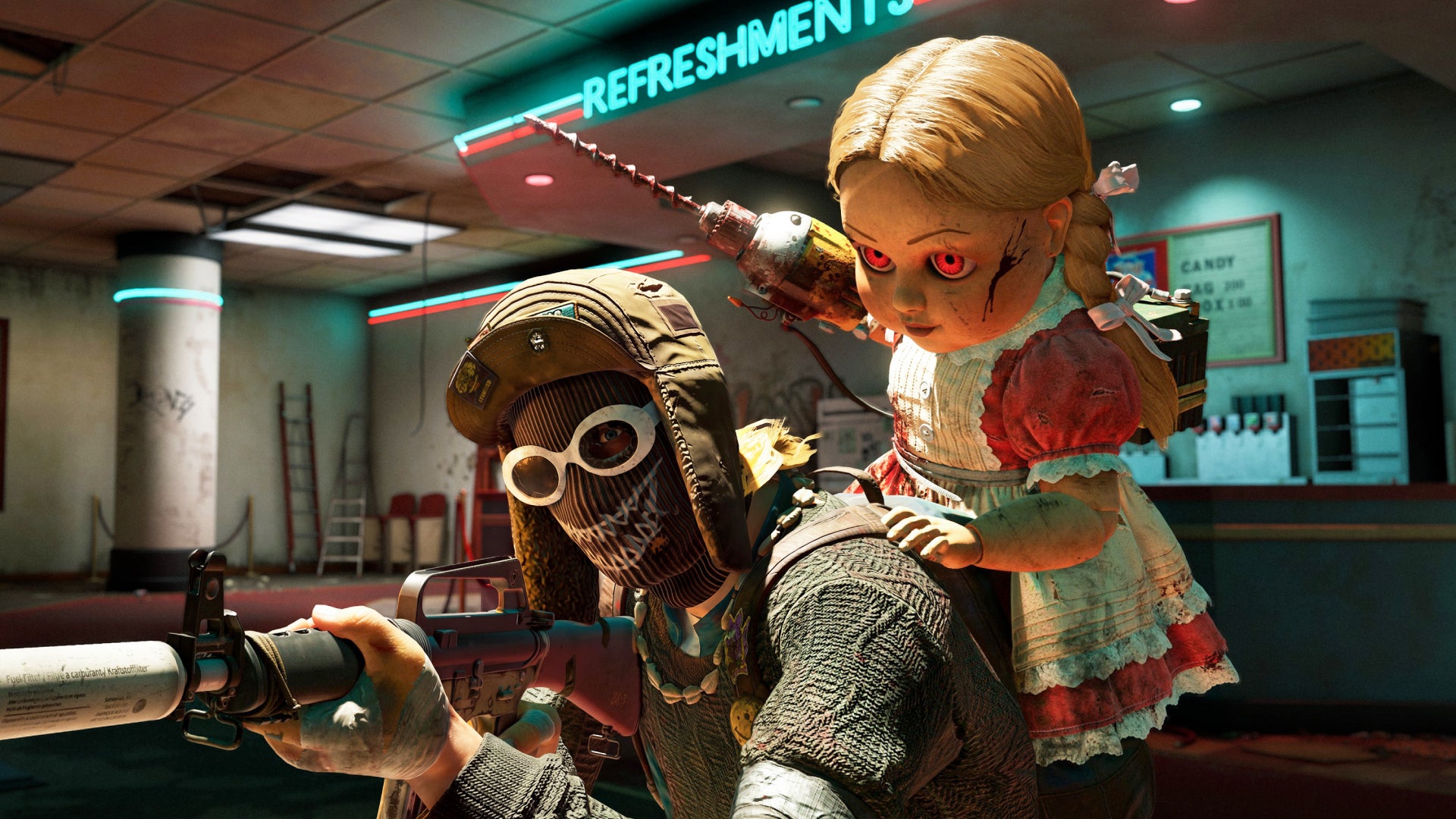 PUBG Ded.Net screenshot showing a player with a killer doll on their shoulder in front of a 'refreshments' counter.