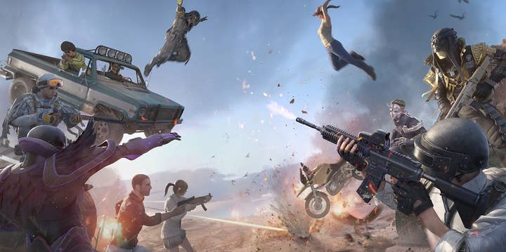 PUBG Mobile promotional art showing various characters shooting and leaping at each other from each side of the image
