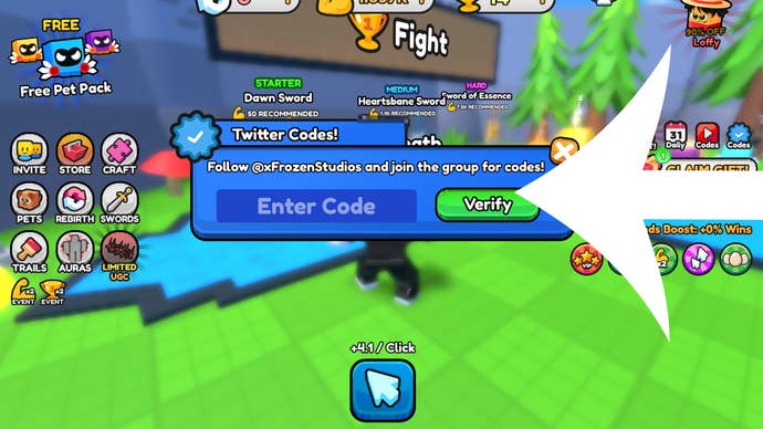 Arrow pointing at the Twitter codes menu in the Roblox game Pull a Sword.