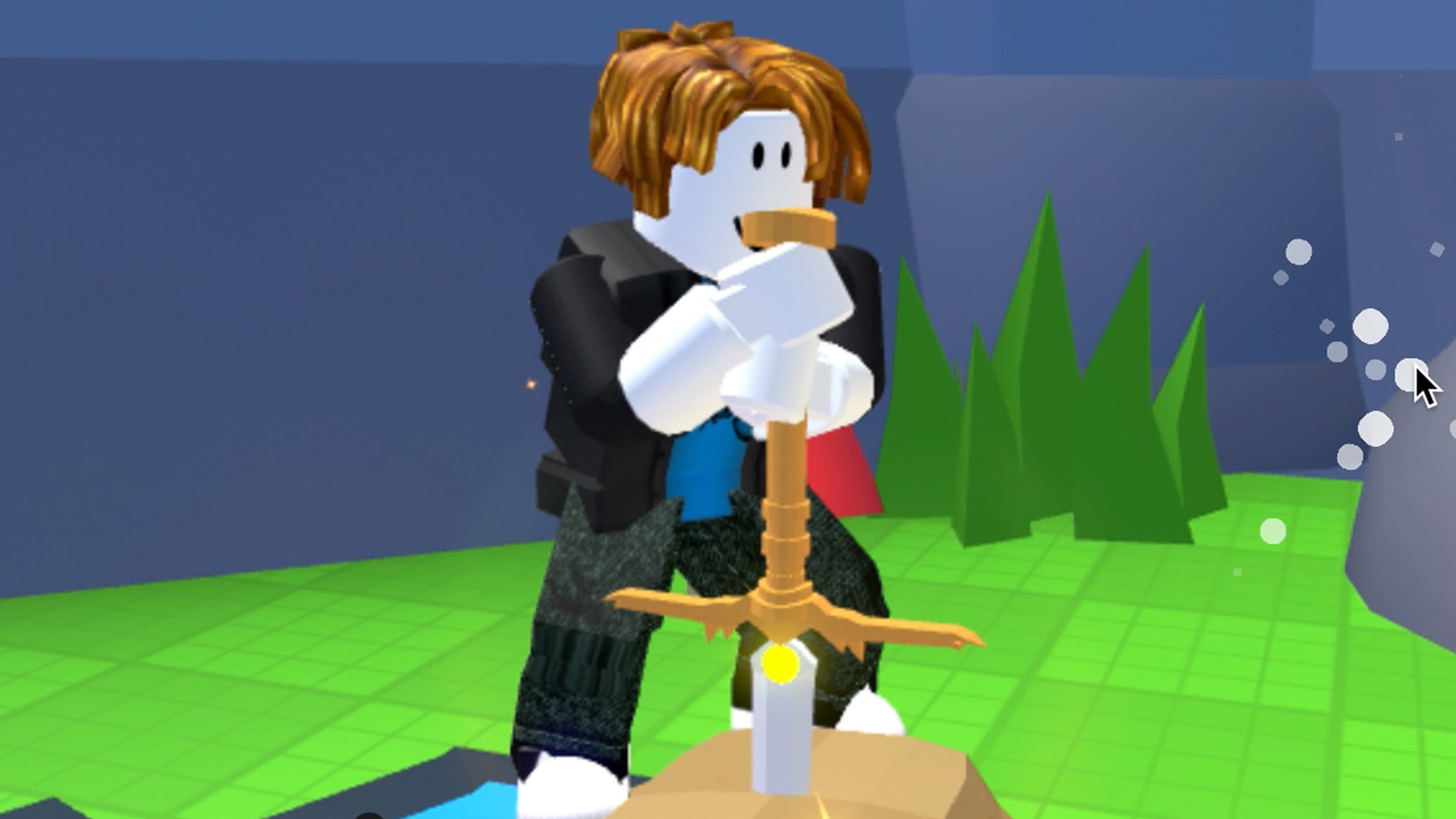 A Roblox character trying to pull a sword from a stone in the popular game Pull a Sword. - 1