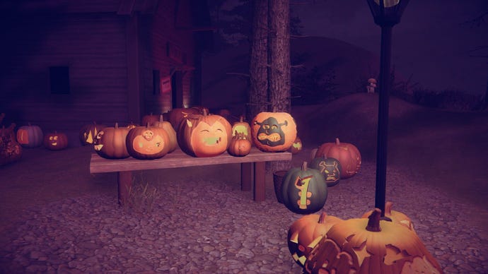 A table full of pumpkins, featuring two Shreks, in 2023's The Annual Ghost Town Pumpkin Festival