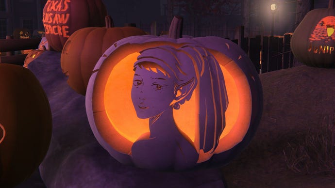 Vampire with a pearl earring - a very artistically carved pumpkin in The Annual Ghost Town Pumpkin Festival