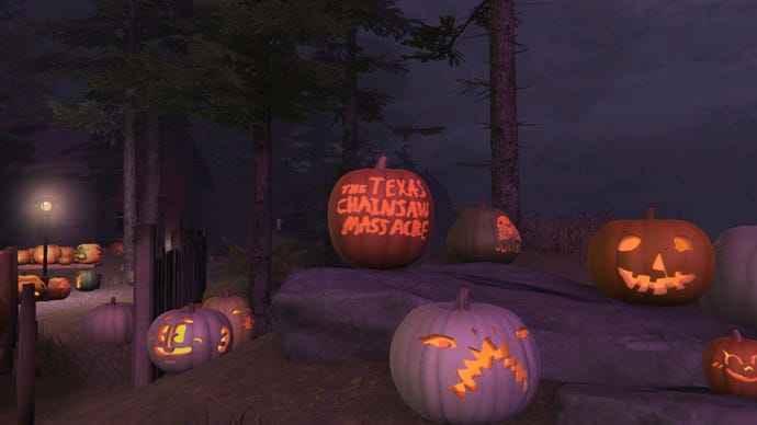 A pumpkin in The Annual Ghost Town Pumpkin Festival that just says THE TEXAS CHAINSAW MASSACRE