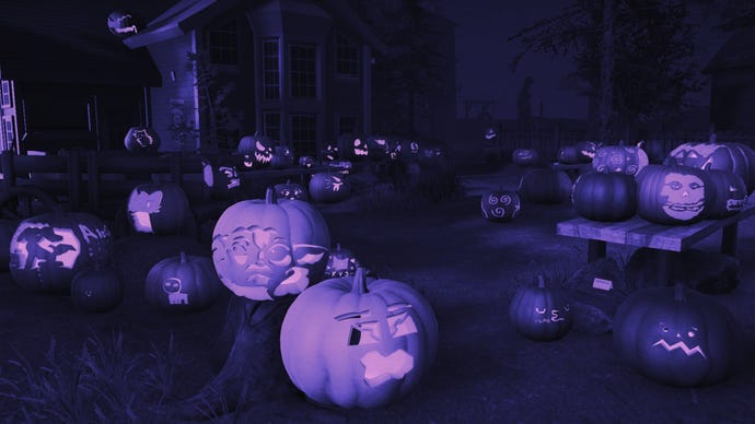 A blue-filtered screenshot of the pumpkin patch in The Annual Ghost Town Pumpkin Festival