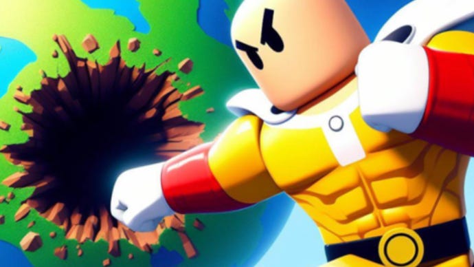 Artwork for Roblox game Punch Hole Simulator showing a 3D cartoon character wearing a superhero outfit punching a hole into the earth.
