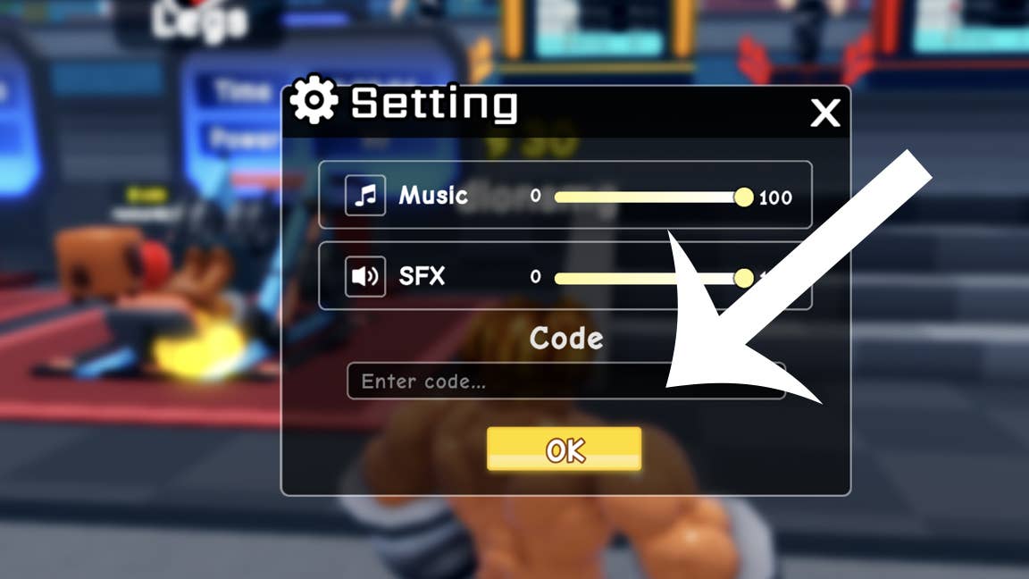 Uma flecha apontando para o menu Códigos na parede do Roblox Game Punch.