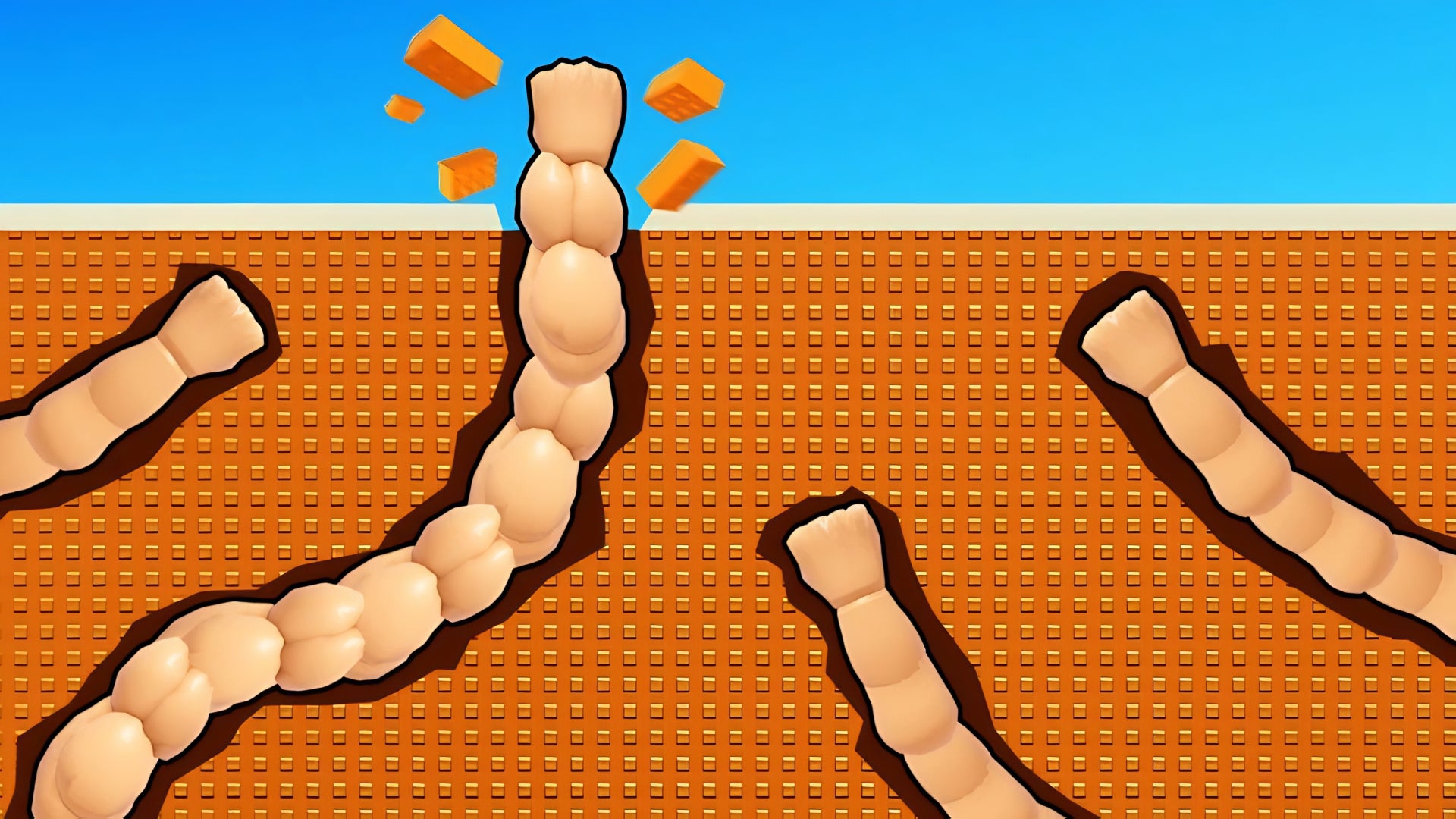 Header art from the Roblox game, Punch Wall, depicting several long arms punching through a block of dirt. - 1