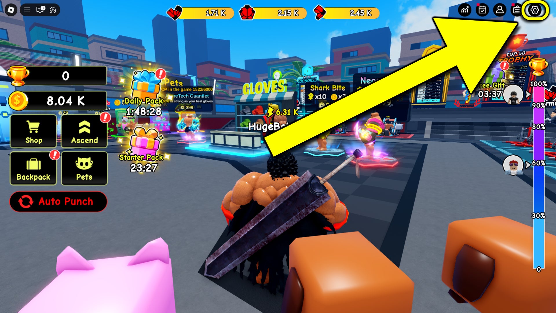 An in-game screenshot from the Roblox game, Punch Wall, featuring an in-game arrow pointing to the settings menu where players can redeem codes. - 3