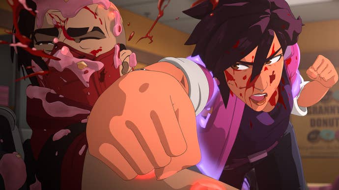 A close-up illustrated image of a spiky brown-haired character in a pink jacket thumping the face of man and blood splattering out.