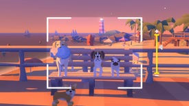 A screenshot of some nice dogs chilling on a bench at sunset in Pupperazzi.