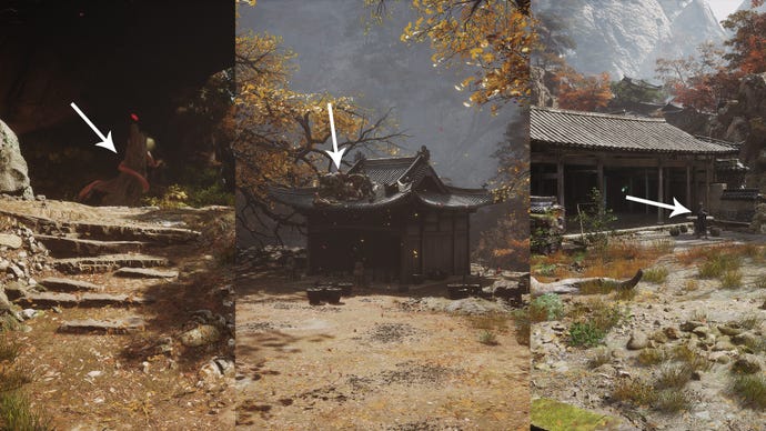 The snake, Scorpionlord, and Daoist Mi on Purple Cloud Mountain in Black Myth Wukong.