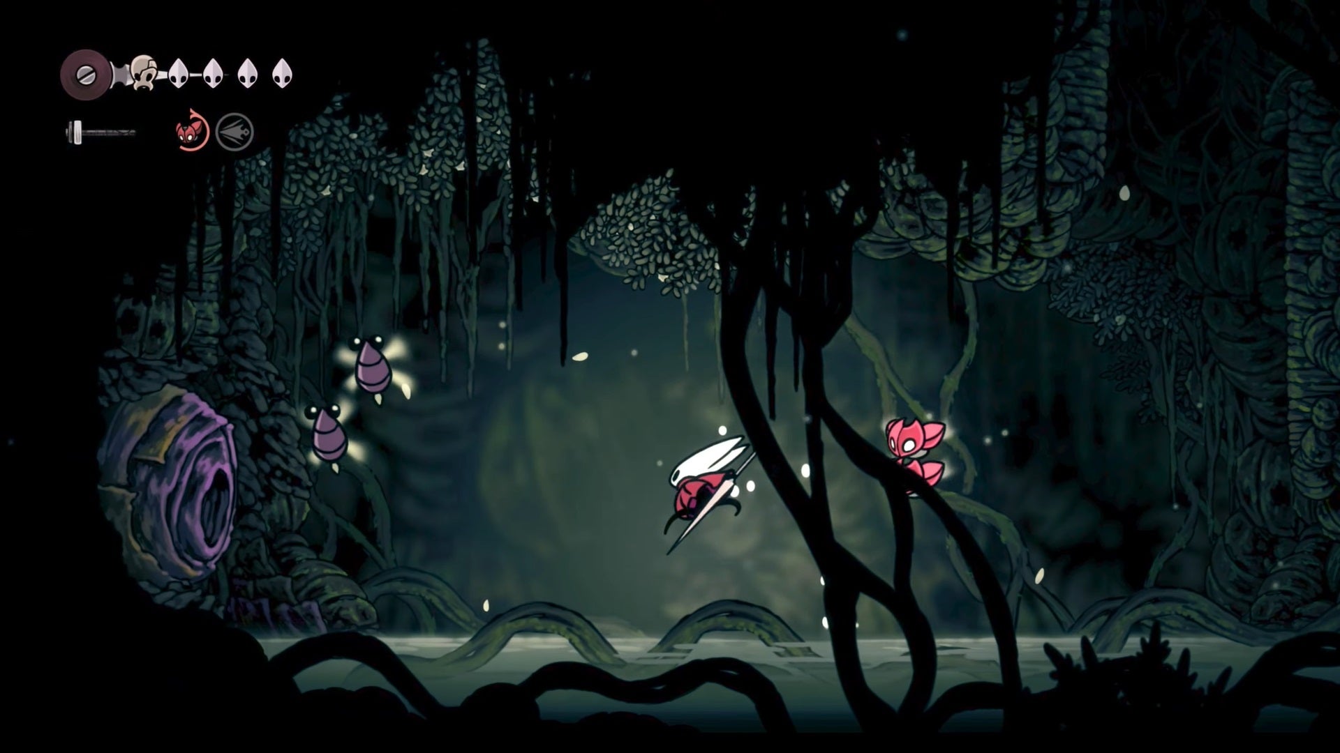 Hornet fights against a purple hive attached to a with Wood Wasps emerging from it in Hollow Knight: Silksong. - 12