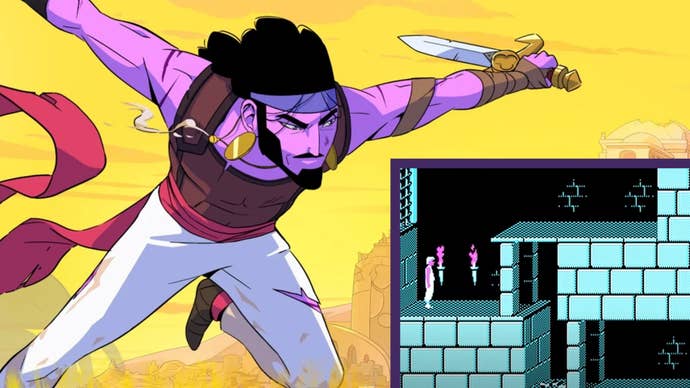 The original key art for The Rogue Prince of Persia, showing a light purple-skinned Prince. This is juxtaposed with a screenshot of the starting level of the original 1990 PC CGA port of Prince of Persia 1, which has limited colours and features a purple-skinned Prince sprite.