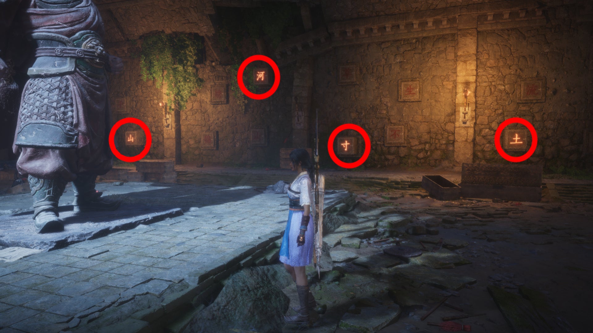 Part of the solution to the Chinese block pushing puzzle in Echoes of Old Battle, a quest in Where Winds Meet. Four wall blocks with Chinese characters on them are circled. - 7
