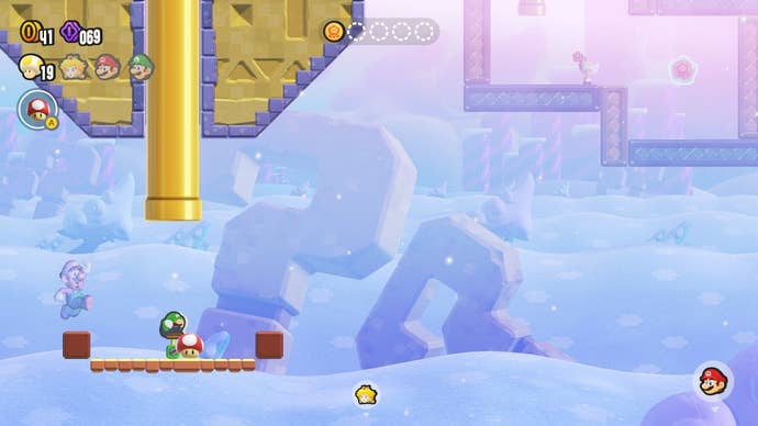 Toad finds a hidden item in the backdrop of Puzzling Park in Super Mario Bros Wonder