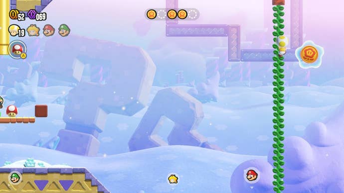Toad climbs a vine to reach a Puzzling Park reward in Super Mario Wonder