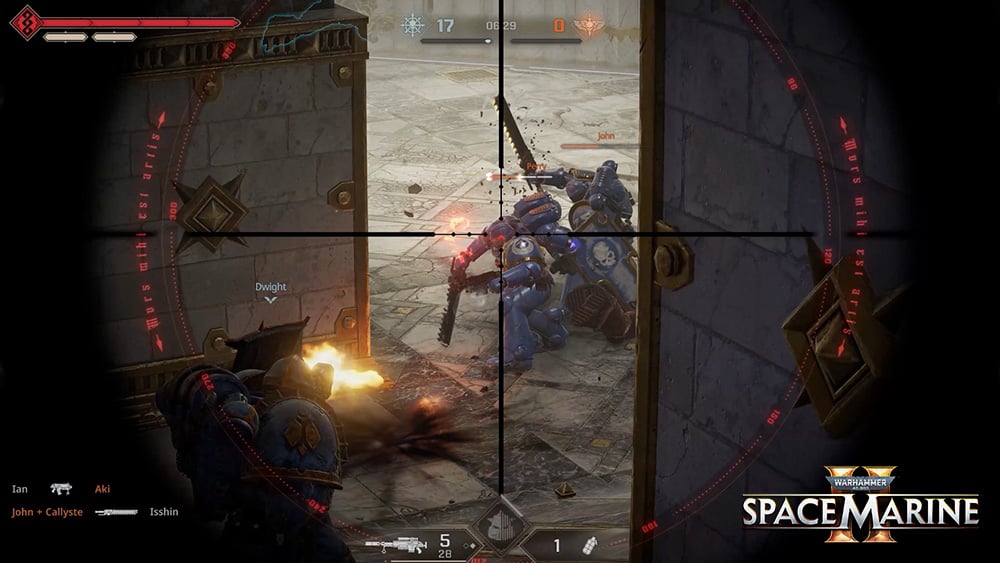 A sniper scope view of Space Marines slaughtering each other with swords in Warhammer 40,000: Space Marine 2 multiplayer. - 1