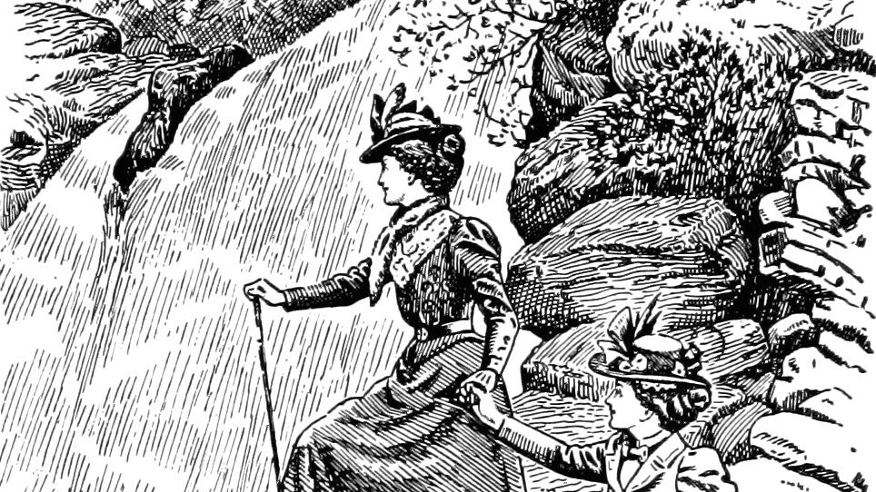 An illustration of two Edwardian women standing hand-in-hand near a waterfall. - 1
