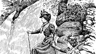 An illustration of two Edwardian women standing hand-in-hand near a waterfall.