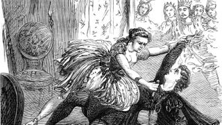 A ballerina stabs a man before assembled shocked royals in an illustration from 'Rose Mortimer; or, the Ballet-Girl's revenge'.