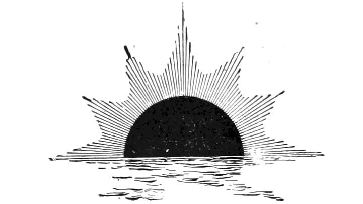 An illustratation of a black sun rising from the waves.