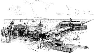 Tourists walking near a pier in an illustration from 'Jarrolds' 'Holiday' Series'