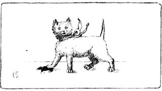 A cat with a mouse in an illustration from 'Drawing-Room Plays. Selected and adapted from the French by Lady Adelaide Cadogan.'