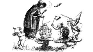 An old book illustration of a witch surrounded by gremlins.