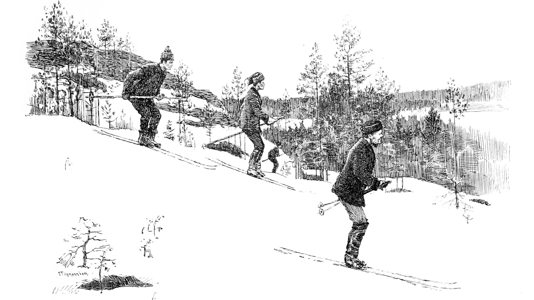 An illustration of people skiing downhill through a forest. - 1