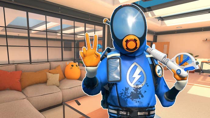 PowerWash Simulator 2’s Powerwasher protagonist giving the peace sign, superimposed over the game’s new home base hub area.