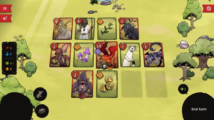 A forest scene laid out with rows of monster cards in Pyrene