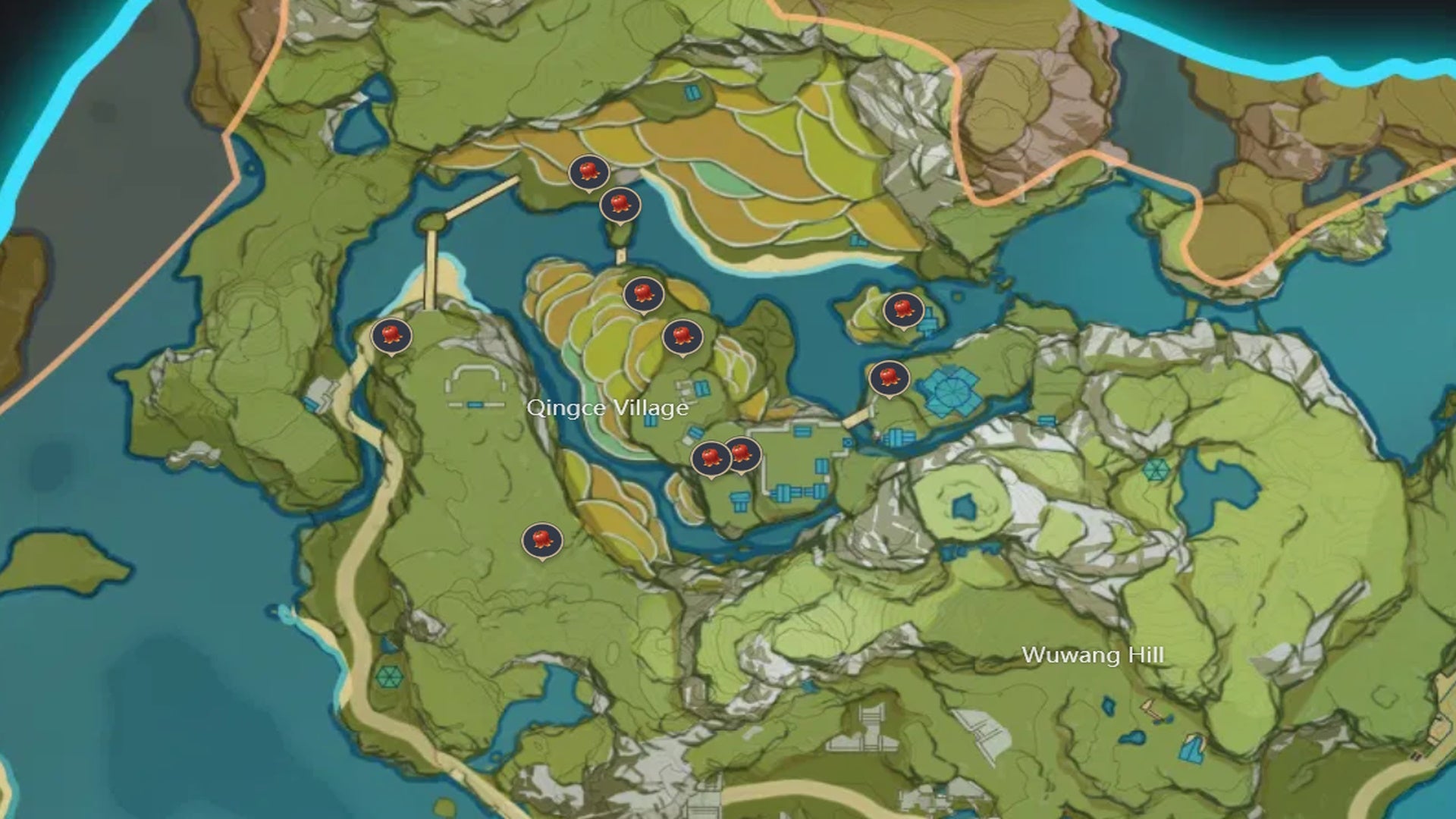 Genshin Impact Jueyun Chili locations: A map showing rivers and a valley, with chili locations marked around the village and to its southwest