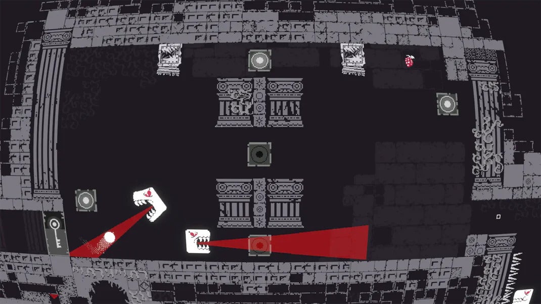 A screenshot of Qomp2, a &ldquo;creative sequel&rdquo; to Pong, showing a ball bouncing around a 2D monochrome labyrinth roamed by angry dino heads.