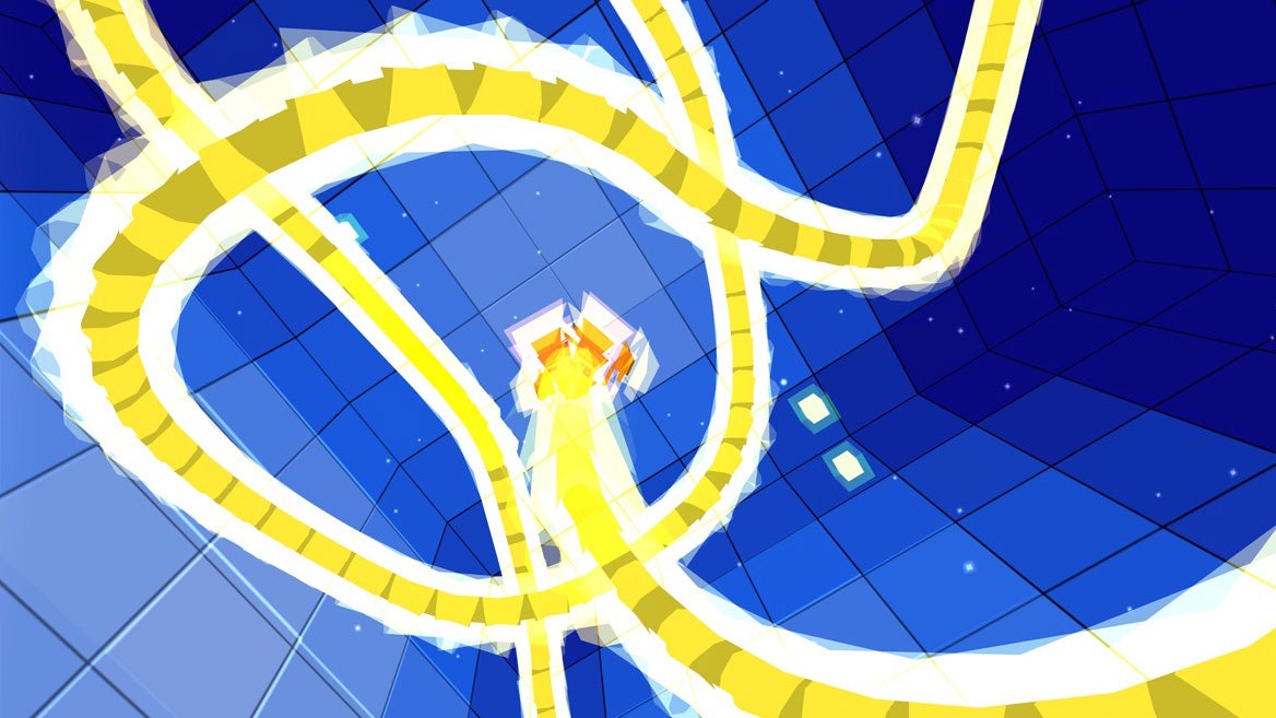 The Snake-like game Qrth-Phyl, which is of course based on the game Blockade. We see a blueish 3D room filled by a gigantic, luminous yellow &lsquo;snake&rsquo;, which is wrapping around itself as it tries not to bump into itself.