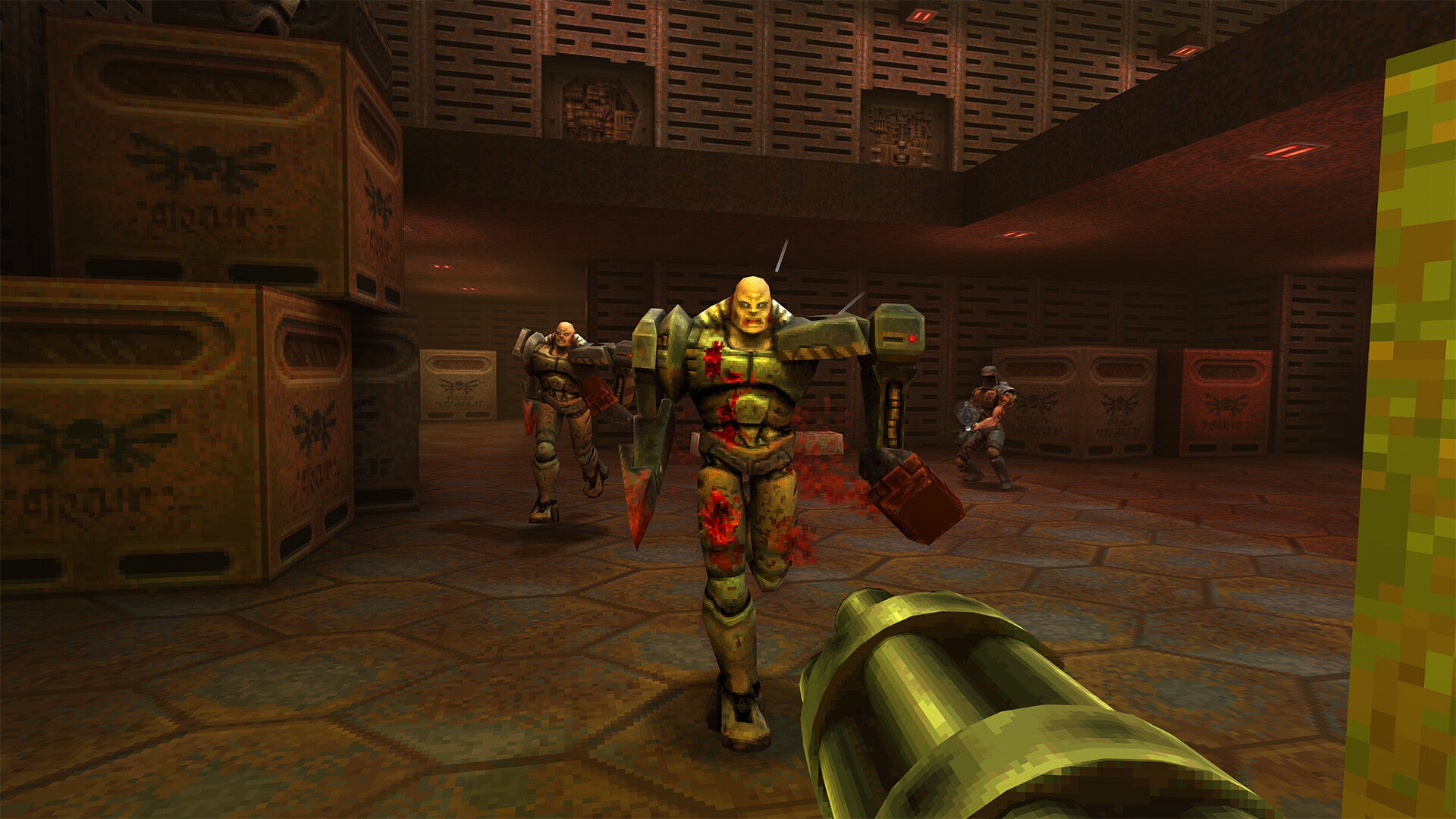 The player points a minigun at a cybord enemy in Quake 2. - 3