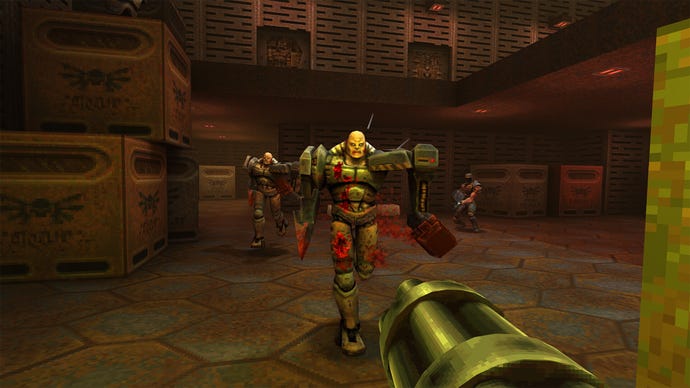 The subordinate points a minigun astatine a cybord force successful Quake 2.